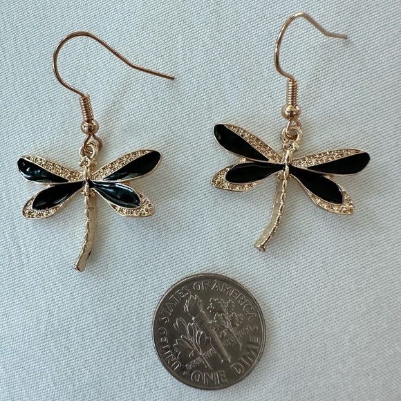 Dragonfly gold plated pendant dangle earrings - New - Picture 4 of 4